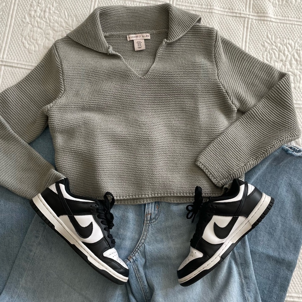 Sincerely Jules Long Sleeve Collar Crop Sweater Sage Green XS